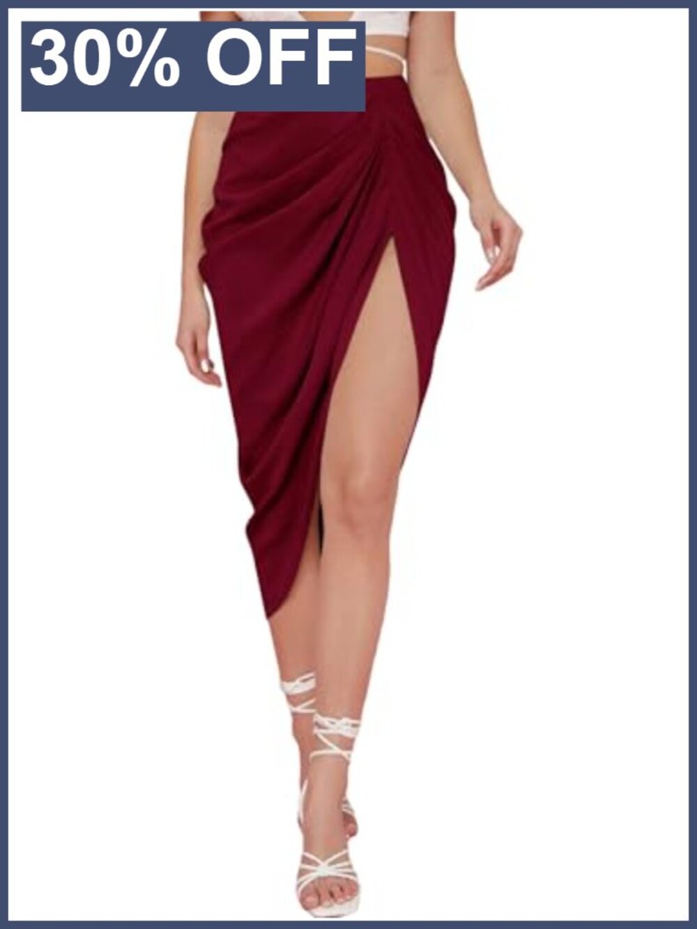 Satin Split Front High Waist Ruched Wrap Midi Pencil Skirt